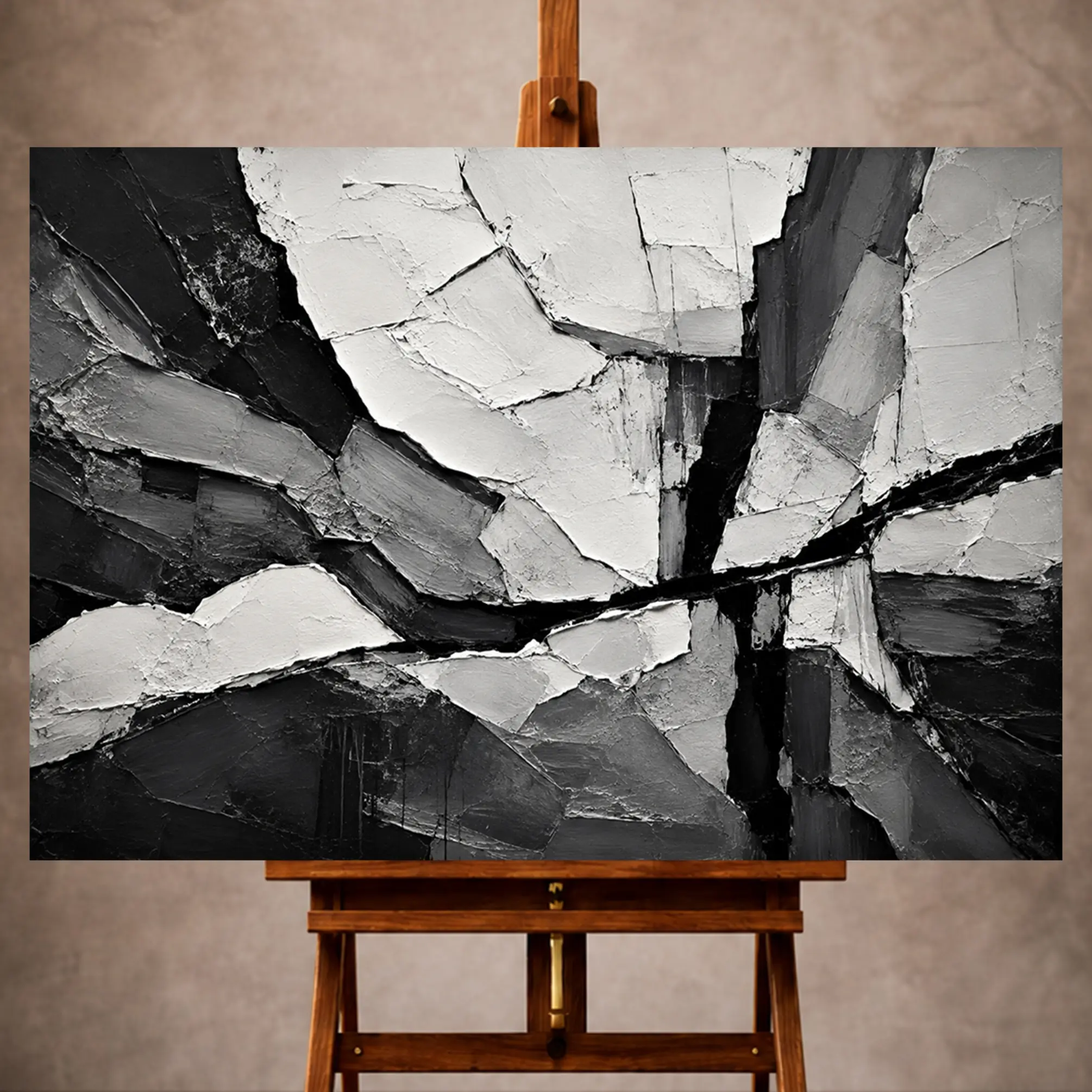 Premium Wall Art Yatay Html Edition – Monocrome013 Image 1 Black and white Monochrome Wall Art print featuring tectonic abstract layers and bold linear fissures for elegant interiors