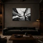 Abstract Tectonic Layers Monochrome Wall Art Canvas Print shown in a warm modern interior