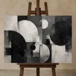 Black And White Circular Forms Monochrome Wall Art Canvas Print displayed on a studio easel