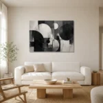 Black And White Circular Forms Monochrome Wall Art Canvas Print styled in a refined neutral interior