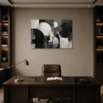 Black And White Circular Forms Monochrome Wall Art Canvas Print displayed in a contemporary gallery-inspired room