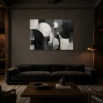 Black And White Circular Forms Monochrome Wall Art Canvas Print shown in a warm modern interior