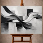 Black and white Monochrome Wall Art print featuring flowing abstract ribbons and textured rectangular forms for elegant interiors