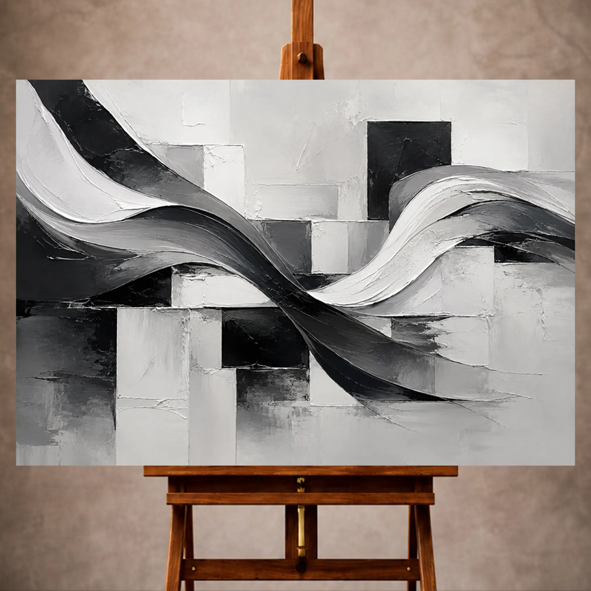 Premium Wall Art Yatay Html Edition – Monocrome015 Image 1 Black and white Monochrome Wall Art print featuring flowing abstract ribbons and textured rectangular forms for elegant interiors