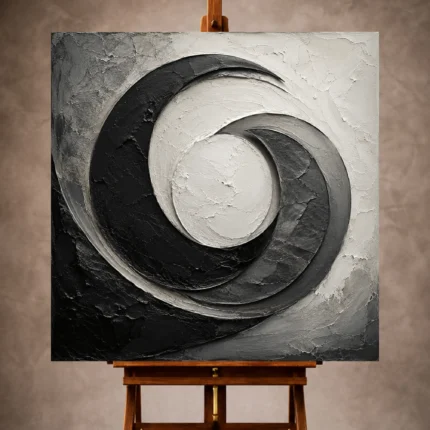 Obsidian and charcoal Monochrome Wall Art print featuring concentric crescent forms and mineral-inspired textures for elegant interiors