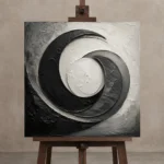 Obsidian Crescent Forms Monochrome Wall Art Canvas Print displayed on a studio easel