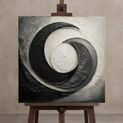 Obsidian Crescent Forms Monochrome Wall Art Canvas Print displayed on a studio easel