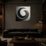 Obsidian Crescent Forms Monochrome Wall Art Canvas Print shown in a warm modern interior