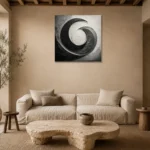Obsidian Crescent Forms Monochrome Wall Art Canvas Print presented in a sophisticated home setting