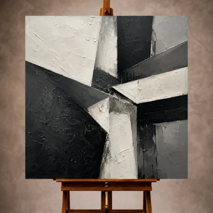 Black and white Monochrome Wall Art print featuring intersecting angular structures over textured plaster-like surfaces