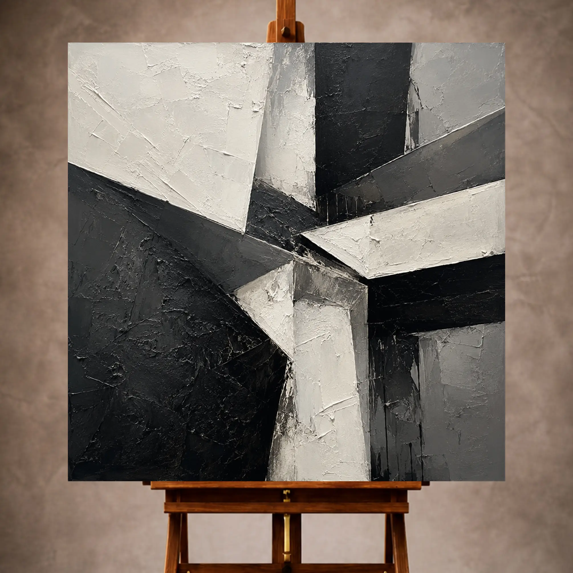 Premium Wall Art Kare Html Edition – Monocrome017 Image 1 Black and white Monochrome Wall Art print featuring intersecting angular structures over textured plaster-like surfaces