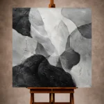 Black and white Monochrome Wall Art print featuring layered organic forms over textured stone-like surfaces for elegant interiors