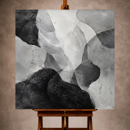 Black and white Monochrome Wall Art print featuring layered organic forms over textured stone-like surfaces for elegant interiors