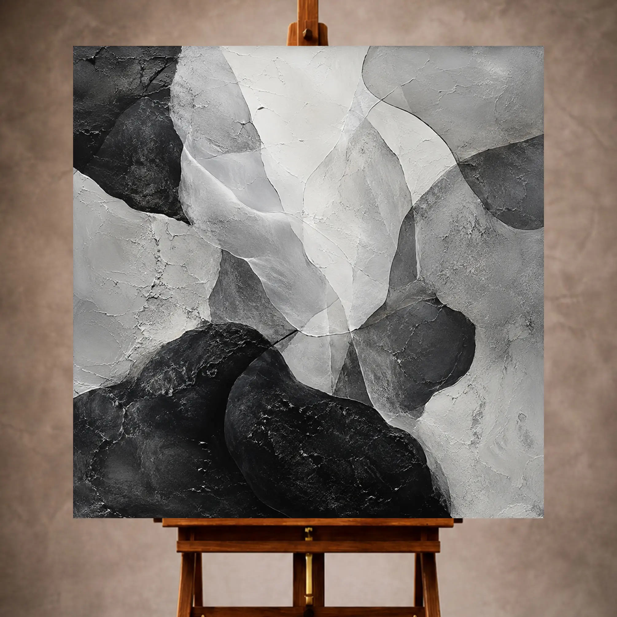 Premium Wall Art Kare Html Edition – Monocrome018 Image 1 Black and white Monochrome Wall Art print featuring layered organic forms over textured stone-like surfaces for elegant interiors