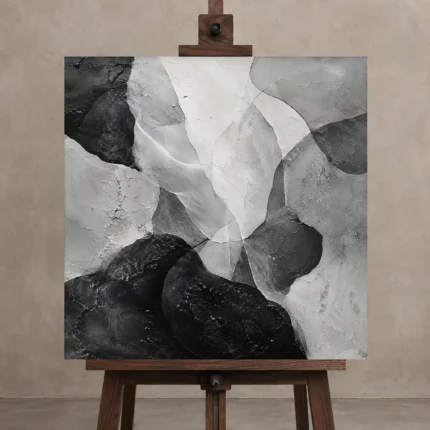 Layered Organic Forms Monochrome Wall Art Canvas Print displayed on a studio easel