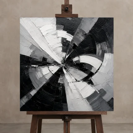 Radial Motion Monochrome Wall Art Canvas Print displayed on a studio easel