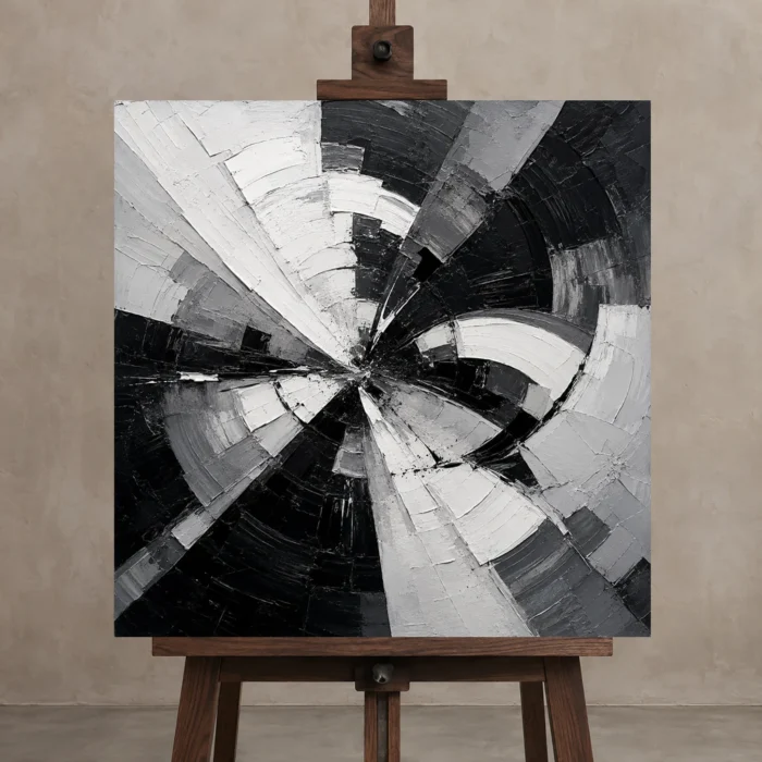 Radial Motion Monochrome Wall Art Canvas Print displayed on a studio easel