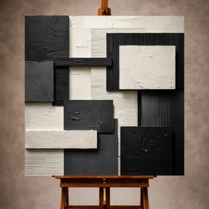 Ivory and charcoal Monochrome Wall Art print featuring floating rectangular volumes and carved linear textures for elegant interiors