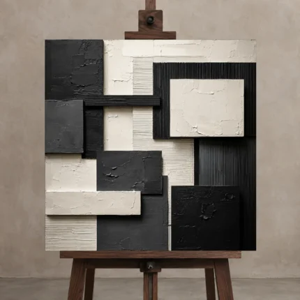 Ivory And Charcoal Geometric Monochrome Wall Art Canvas Print displayed on a studio easel