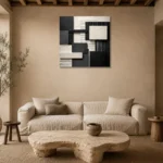 Ivory And Charcoal Geometric Monochrome Wall Art Canvas Print presented in a sophisticated home setting