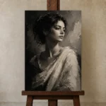Dramatic Ivory Woman Monochrome Wall Art Canvas Print displayed on a studio easel