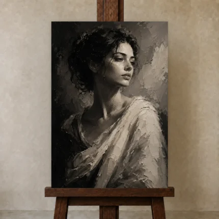 Dramatic Ivory Woman Monochrome Wall Art Canvas Print shown in Studio Easel