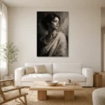 Dramatic Ivory Woman Monochrome Wall Art Canvas Print styled in a refined neutral interior