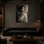 Dramatic Ivory Woman Monochrome Wall Art Canvas Print shown in a warm modern interior
