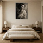 Dramatic Ivory Woman Monochrome Wall Art Canvas Print showcased in an elegant minimalist interior