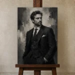 Charcoal Gentleman Monochrome Wall Art Canvas Print displayed on a studio easel