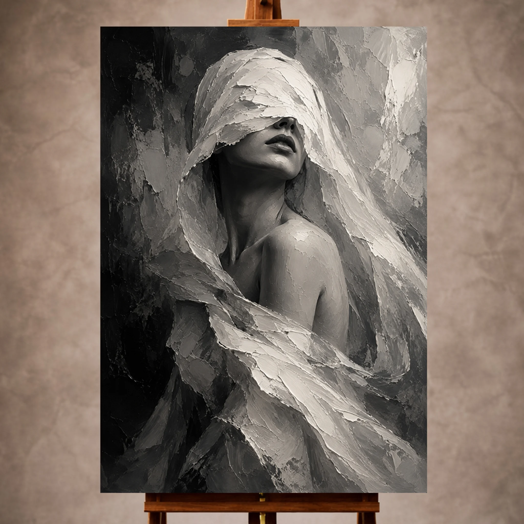 Flowing Veiled Figure Monochrome Wall Art Canvas Print Image 1 Flowing Veiled Figure Monochrome Wall Art Canvas Print - Image 1
