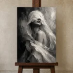 Flowing Veiled Figure Monochrome Wall Art Canvas Print displayed on a studio easel