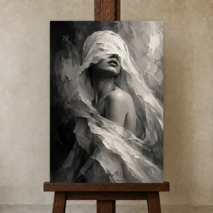 Flowing Veiled Figure Monochrome Wall Art Canvas Print shown in Studio Easel
