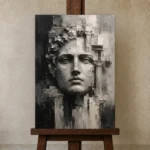 Sculptural Stone Portrait Monochrome Wall Art Canvas Print displayed on a studio easel