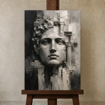 Sculptural Stone Portrait Monochrome Wall Art Canvas Print shown in Studio Easel