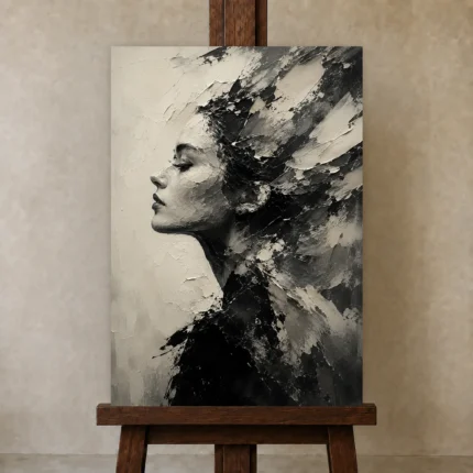 Poetic Profile Monochrome Wall Art Canvas Print shown in Studio Easel