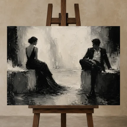 Quiet Dual Figure Monochrome Wall Art Canvas Print displayed on a studio easel