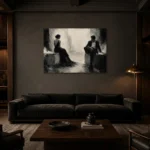 Quiet Dual Figure Monochrome Wall Art Canvas Print shown in a warm modern interior
