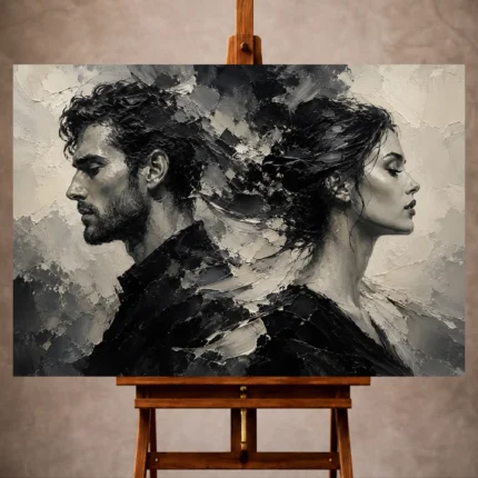 Matte black and ivory Monochrome Wall Art print featuring opposing male and female profiles connected by abstract textures