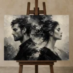 Opposing Profiles Monochrome Wall Art Canvas Print displayed on a studio easel