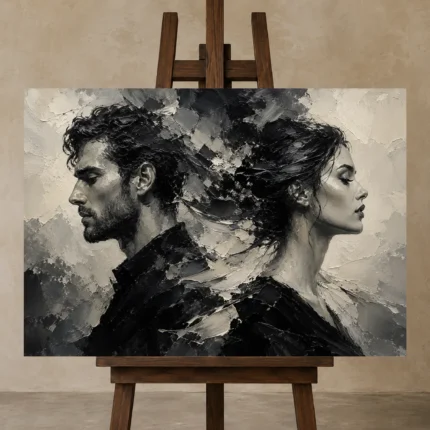 Opposing Profiles Monochrome Wall Art Canvas Print displayed on a studio easel