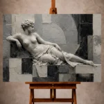 Black, ivory, and gray Monochrome Wall Art print featuring a reclining classical figure with architectural textures for elegant interiors
