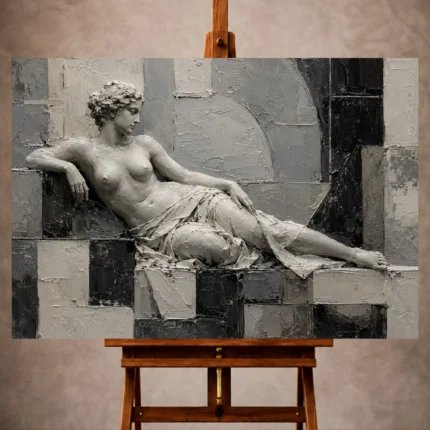 Black, ivory, and gray Monochrome Wall Art print featuring a reclining classical figure with architectural textures for elegant interiors