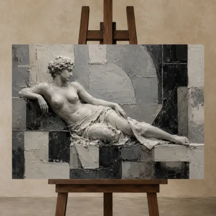 Ivory Reclining Figure Monochrome Wall Art Canvas Print displayed on a studio easel