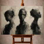 Charcoal Monochrome Wall Art print featuring three abstract portrait silhouettes for elegant interiors