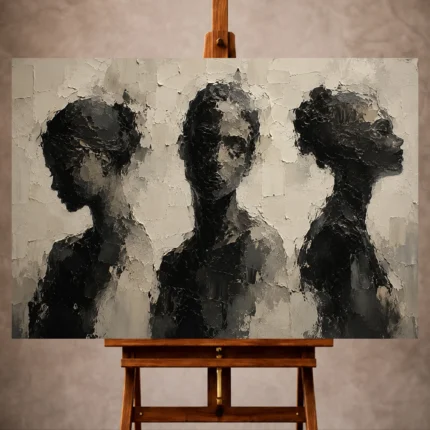 Charcoal Monochrome Wall Art print featuring three abstract portrait silhouettes for elegant interiors