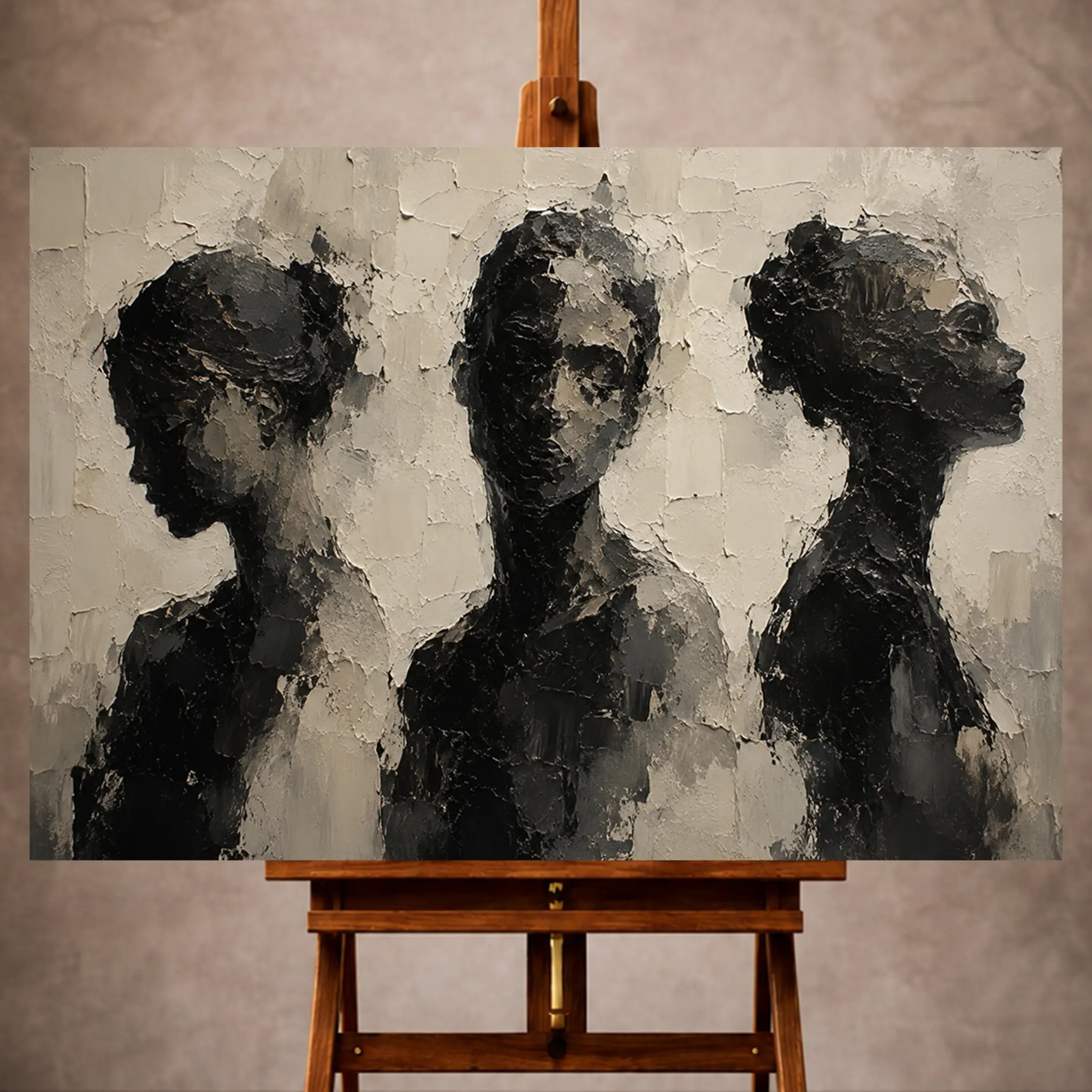 Premium Wall Art Yatay Html Edition – Monocrome029 Image 1 Charcoal Monochrome Wall Art print featuring three abstract portrait silhouettes for elegant interiors