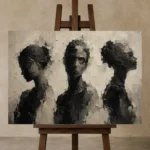 Charcoal Trio Portrait Monochrome Wall Art Canvas Print displayed on a studio easel