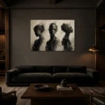 Charcoal Trio Portrait Monochrome Wall Art Canvas Print shown in a warm modern interior