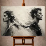 Elegant Monochrome Wall Art print featuring two expressive side-profile portraits with flowing textured forms for sophisticated interiors